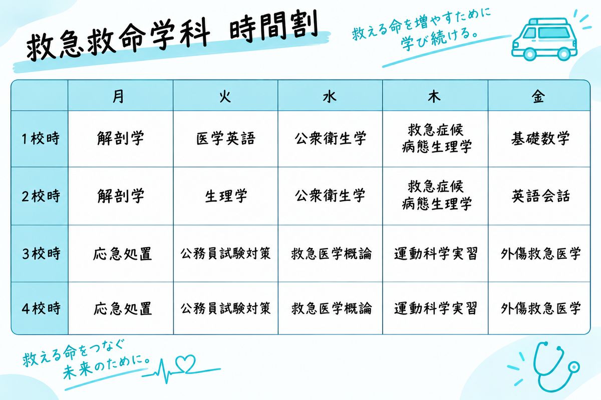 救急救命学科の時間割例（月〜金・1〜4校時）