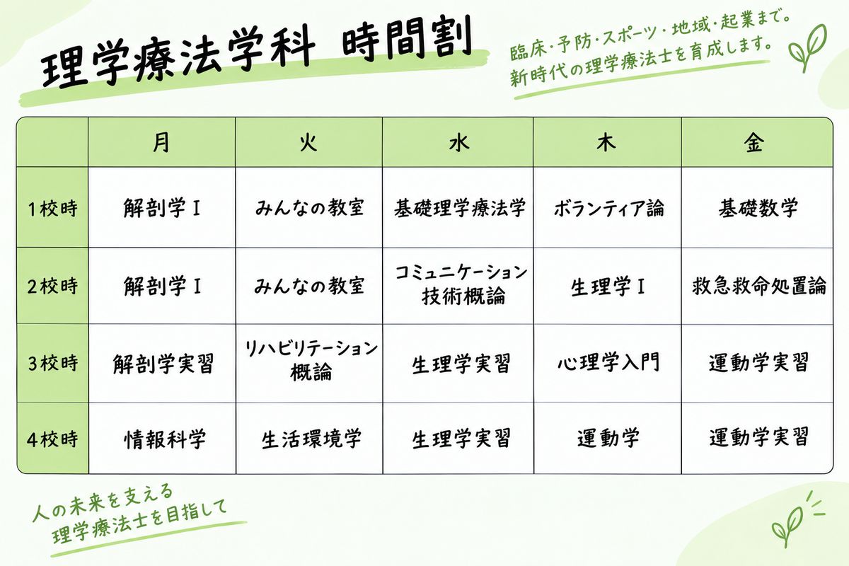 理学療法学科の時間割例（月〜金・1〜4校時）